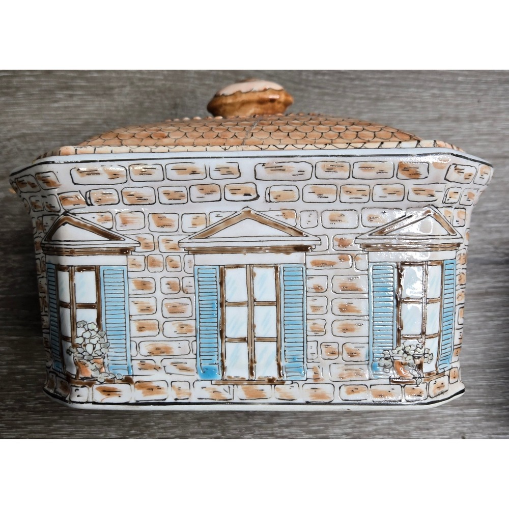 Vintage Toyo Ceramic Stone Cottage Lidded Box House Blue Shutters Kitchen Decor